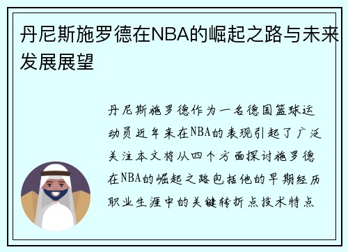 丹尼斯施罗德在NBA的崛起之路与未来发展展望