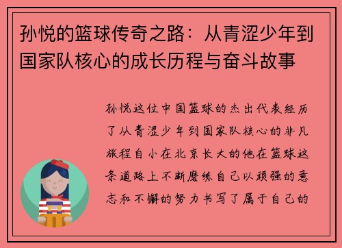 孙悦的篮球传奇之路：从青涩少年到国家队核心的成长历程与奋斗故事