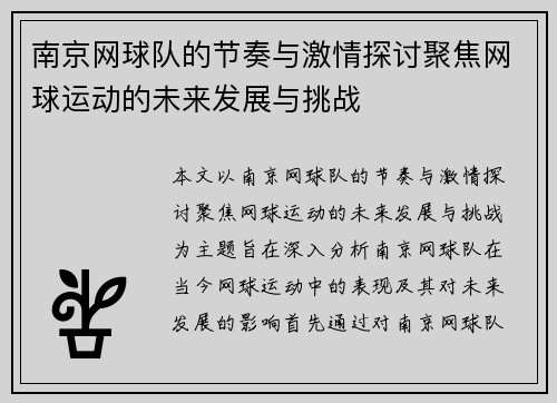 南京网球队的节奏与激情探讨聚焦网球运动的未来发展与挑战