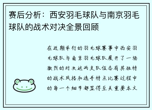 赛后分析：西安羽毛球队与南京羽毛球队的战术对决全景回顾