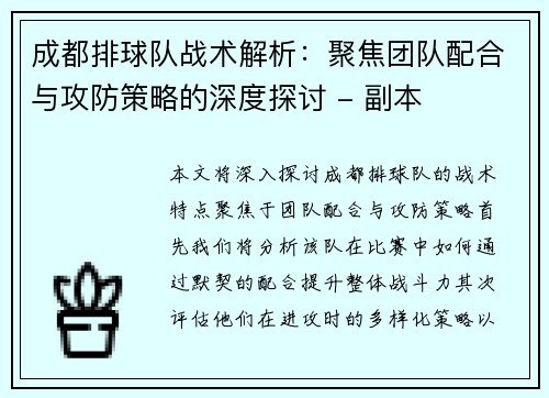 成都排球队战术解析：聚焦团队配合与攻防策略的深度探讨 - 副本