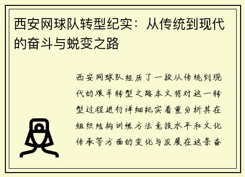 西安网球队转型纪实：从传统到现代的奋斗与蜕变之路