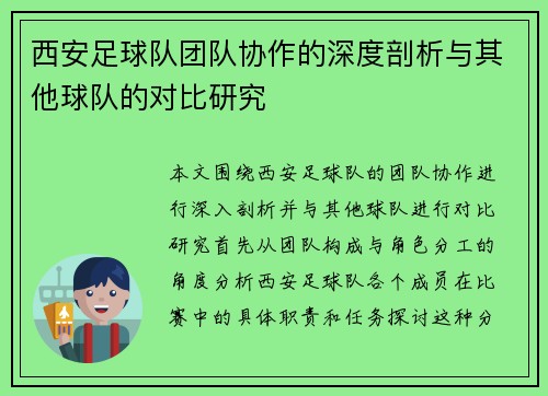 西安足球队团队协作的深度剖析与其他球队的对比研究