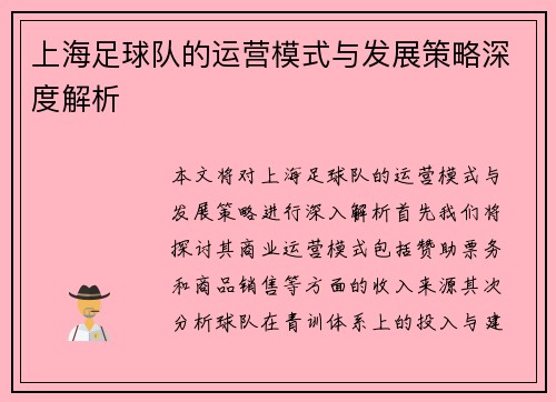 上海足球队的运营模式与发展策略深度解析