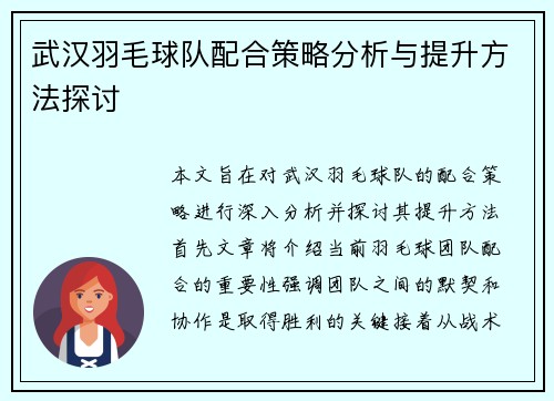 武汉羽毛球队配合策略分析与提升方法探讨